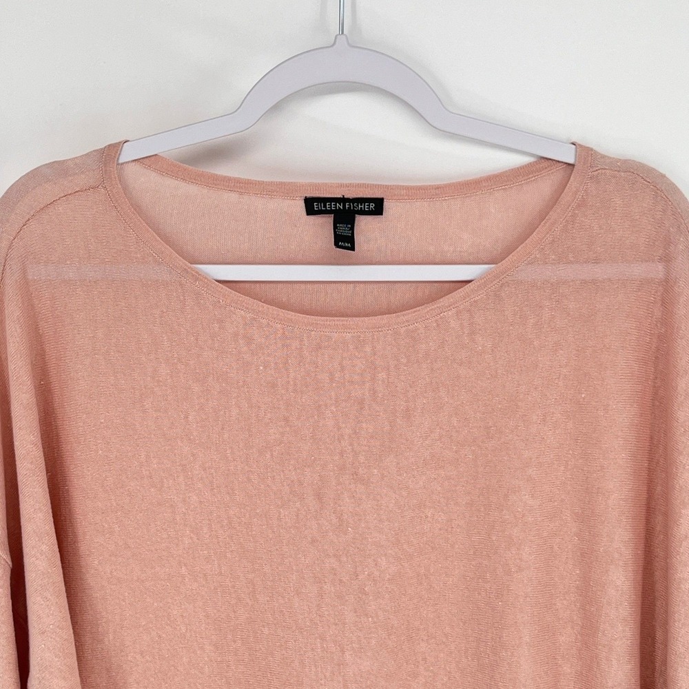 Eileen Fisher Organic Linen Blend Boxy Top M Pink Peach Sheer Knit Long Sleeve - Picture 4 of 6